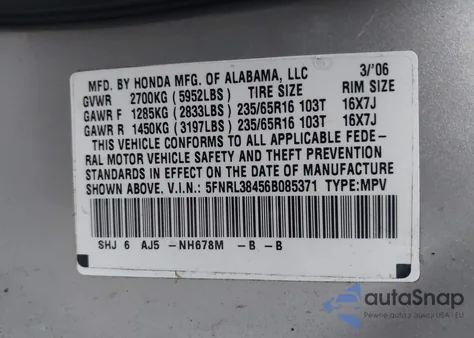 2006 Honda Odyssey Ex z USA, uszkodzony, nr VIN 5FNRL38456B085371